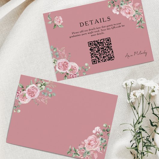 Modern Pink Roses QR-code Details Graduation Informatiekaartje