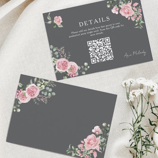 Modern Pink Roses QR-code Details Graduation Informatiekaartje