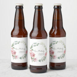 Modern Pink Roses Script Class of Graduation Bier Etiket