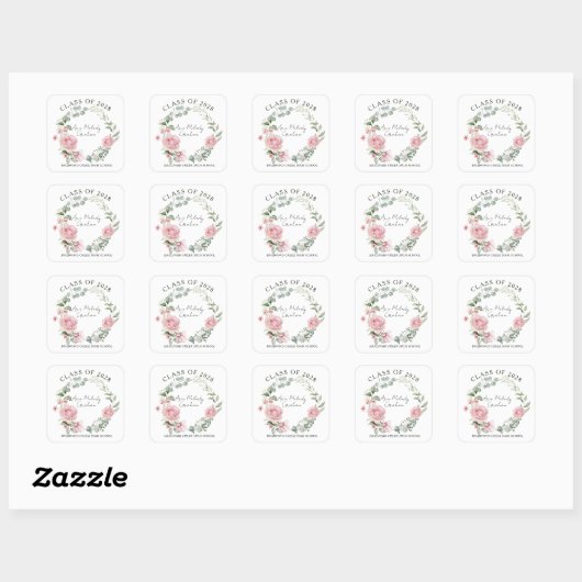 Modern Pink Roses Script Class of Graduation Vierkante Sticker (Vel)