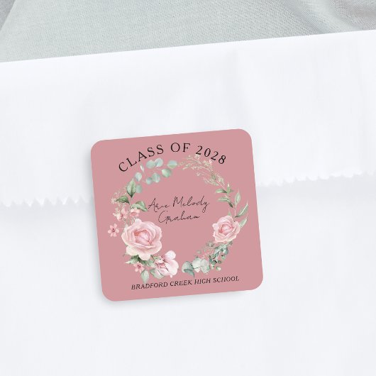 Modern Pink Roses Script Class of Graduation Vierkante Sticker