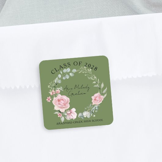 Modern Pink Roses Script Class of Graduation Vierkante Sticker