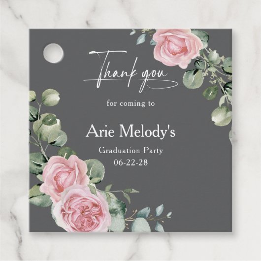 Modern Pink Roses Script Graduation Bedankjes Labels (Voorkant)