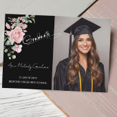Modern Pink Roses Script Graduation Photo Bedankkaart