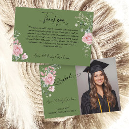 Modern Pink Roses Script Graduation Photo Bedankkaart