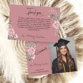 Modern Pink Roses Script Graduation Photo Bedankkaart