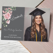 Modern Pink Roses Script Graduation Photo Bedankkaart