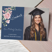 Modern Pink Roses Script Graduation Photo Bedankkaart
