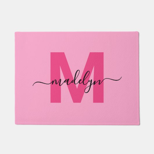 Modern Pink Script Initiaal Monogram Naam Deurmat (Voorkant)