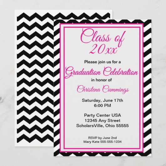 Modern Pink Script with Chevron Border Graduation Kaart (Voorkant / Achterkant)