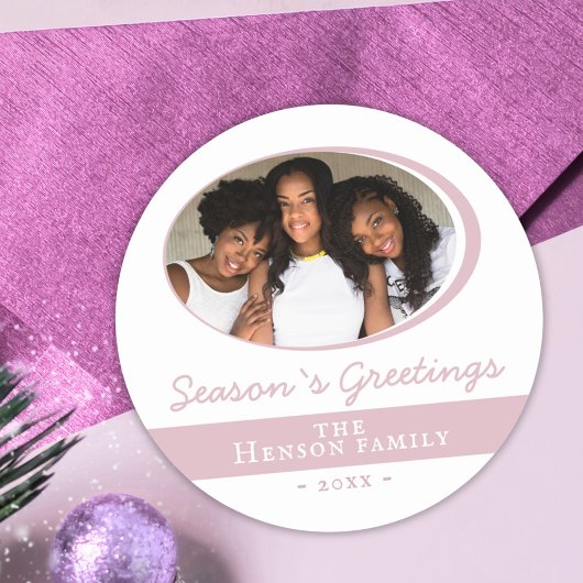 Modern Pink Season Greetings Script Photo Holiday Ronde Sticker