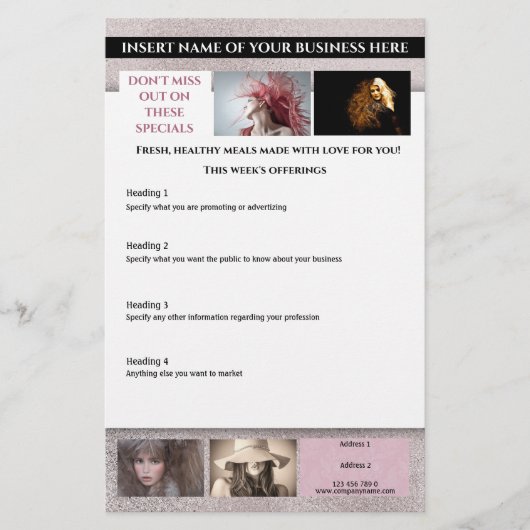 Modern pink shimmer designer 6 foto hair stylist flyer (Voorkant)