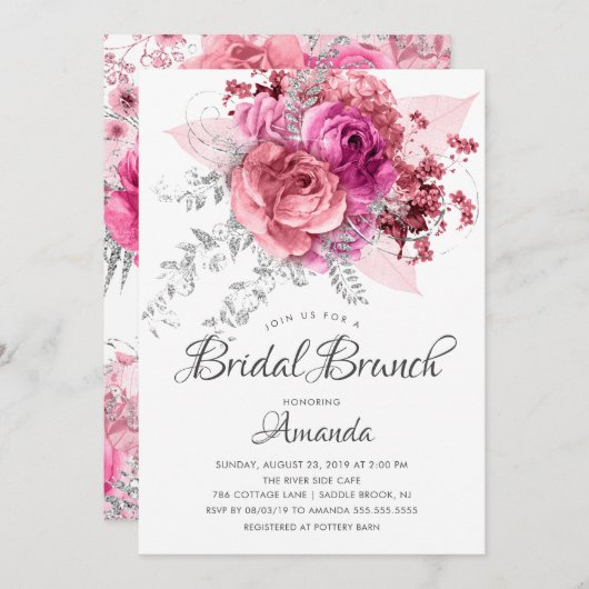 Modern Pink & Silver Floral Bridal Brunch Kaart (Voorkant / Achterkant)