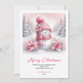 Modern Pink Snowman Kids Download Christmas Cards Feestdagenkaart (Voorkant)