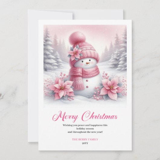 Modern Pink Snowman Kids Download Christmas Cards Feestdagenkaart (Voorkant)