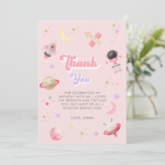 Modern Pink Space Galaxy Girl Birthday Bedankkaart (Staand voorkant)