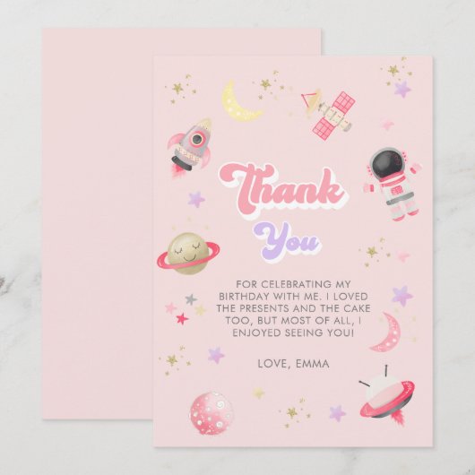 Modern Pink Space Galaxy Girl Birthday Bedankkaart (Voorkant / Achterkant)