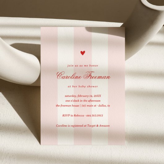 Modern Pink Stripe Heart Valentine Baby Shower Kaart