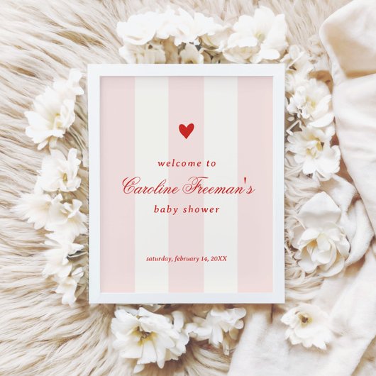 Modern Pink Stripe Heart Valentine Table Welcome Poster