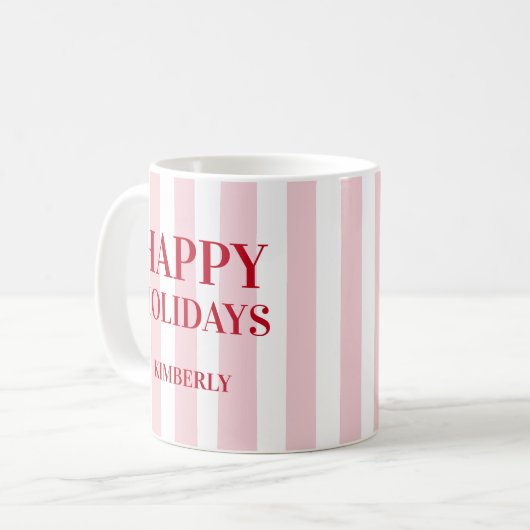 Modern Pink Striped Personalized Happy Holidays Koffiemok (Voorkant links)