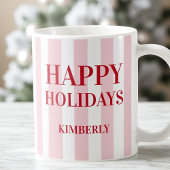 Modern Pink Striped Personalized Happy Holidays Koffiemok