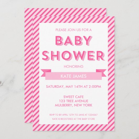 Modern Pink Stripes Baby shower Invitation Kaart (Voorkant / Achterkant)