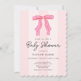 Modern Pink Stripes Coquette Bow Baby shower Kaart