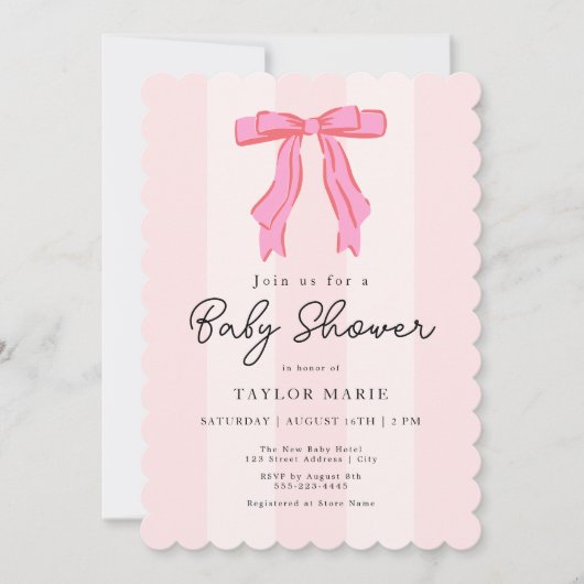 Modern Pink Stripes Coquette Bow Baby shower Kaart (Voorkant)