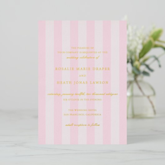 Modern Pink Stripes Elegant Wedding Folie Uitnodiging (Staand Voorkant)