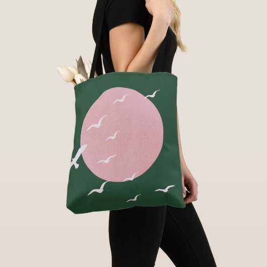 Modern Pink Sun & Birds Minimalist Art Tote Bag (Dichtbij)