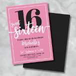 Modern Pink Sweet Sixteen 16e verjaardagsfeestje Kaart<br><div class="desc">Introductie van een eenvoudige en moderne Sweet Sixteen verjaardagsfeestje uitnodiging, perfect voor het vieren in stijl. Het levendige ontwerp heeft een felroze achtergrond met een gedurfde "16" prominent weergegeven aan de bovenkant. Hieronder is "Sweet Sixteen" elegant geschreven in script kalligrafie, het instellen van een speelse en stijlvolle toon. De tekst...</div>