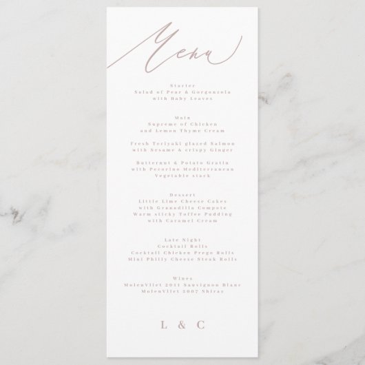 Modern Pink Taupe Calligraphy Wedding Menu (Voorkant)