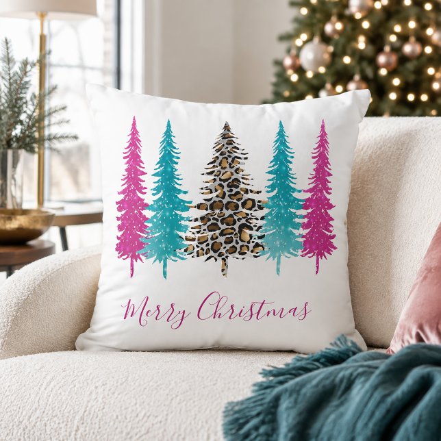 Modern Pink Turquoise Animal Print Kerstmis Kussen (Glam Pink Teal Christmas Throw Pillow)
