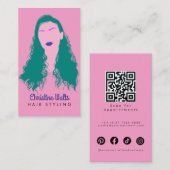 Modern Pink Turquoise Hair Styling Flat Design QR Visitekaartje (Voorkant / Achterkant)