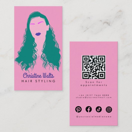 Modern Pink Turquoise Hair Styling Flat Design QR Visitekaartje (Voorkant / Achterkant)
