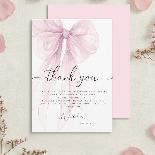 Modern Pink Watercolor Bow Bridal Shower Bedankkaart