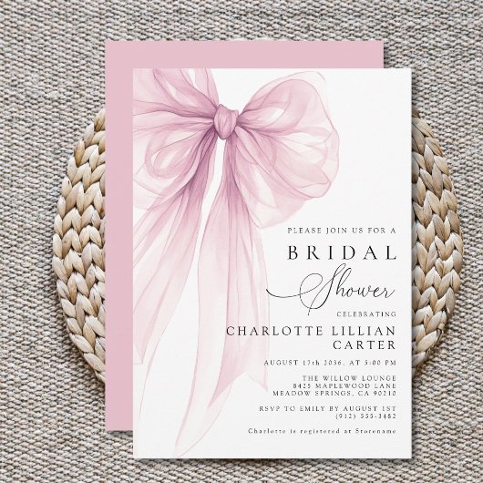 Modern Pink Watercolor Bow Bridal Shower Kaart