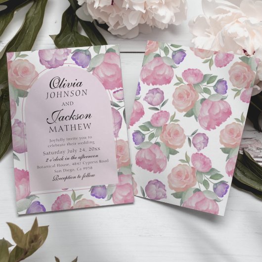Modern Pink & Watercolor Floral Wedding  Kaart