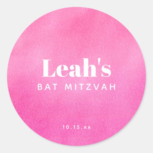 Modern Pink Watercolor Trendy Custom Bat Mitzvah Ronde Sticker (Voorkant)