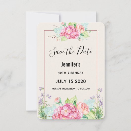 Modern Pink Waterverf Floral Bouquet Birthday Save The Date (Voorkant)