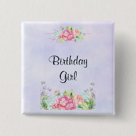 Modern Pink Waterverf Floral Lijst Birthday Girl Vierkante Button 5,1 Cm