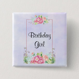 Modern Pink Waterverf Floral Lijst Birthday Girl Vierkante Button 5,1 Cm