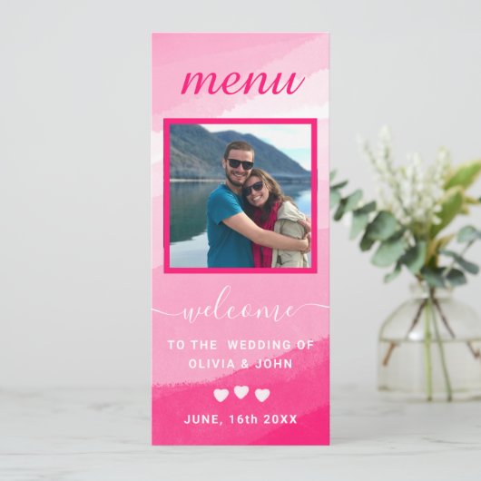 Modern Pink Waterverf foto bruiloft Menu (Staand voorkant)