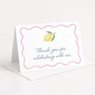 Modern Pink Wavy Border Lemon Baby shower Bedankkaart