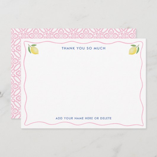 Modern Pink Wavy Line Lemons Vrijgezellenfeest Bedankkaart (Voorkant / Achterkant)