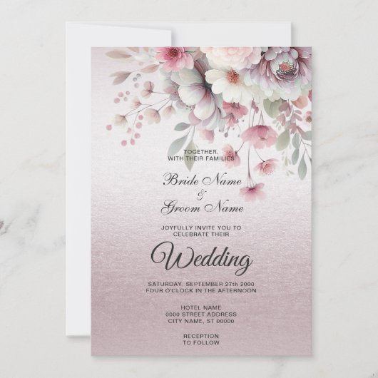 Modern Pink White Floral Wedding Invitation Kaart (Voorkant)