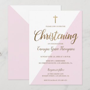 Modern Pink White Gold Christening baby Girl Kaart