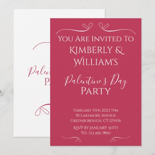 Modern Pink White Palentine's Day Party Invitation Kaart (Voorkant / Achterkant)