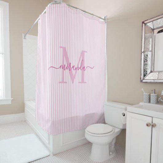 Modern Pink & White Stripes Monogram Name Douchegordijn (In situ)