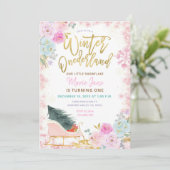 Modern Pink Winter Onederland Birthday Uitnodiging (Staand voorkant)